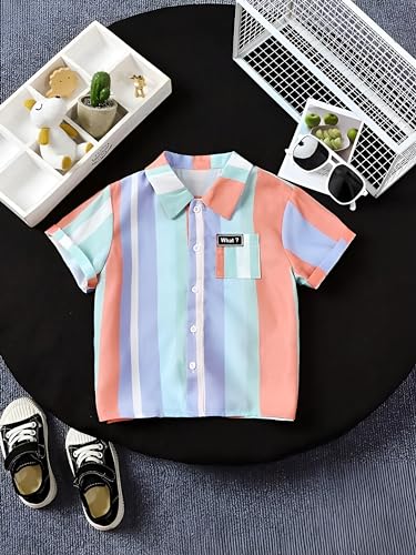 Image of Boys Short Sleeve Button Down Shirts, Plaid and Striped Pattern, Cotton Casual Tops, Pack of 2