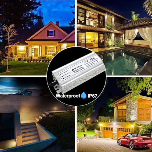 Image of 24V LED Power Supply, 3.3A 80W LED Driver Waterproof IP67, 90-265V AC to 24V DC Power Supply Converter, Low Voltage Transformer for LED Lights Indoor Outdoor Use