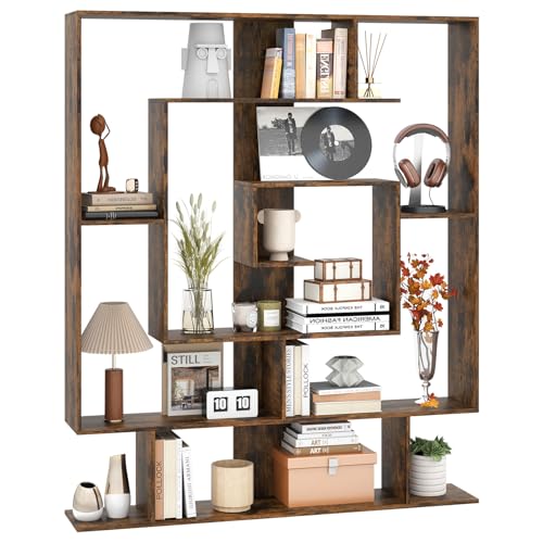 COSTWAY Libreria Scaffale Geometrico Spirale ad Angolo Retto a 7 Ripiani, Scaffale Espositivo in Legno Salvaspazio, Libreria per Camera da Letto, Soggiorno e Salotto, 125 x 22 x 150 cm (Marrone)