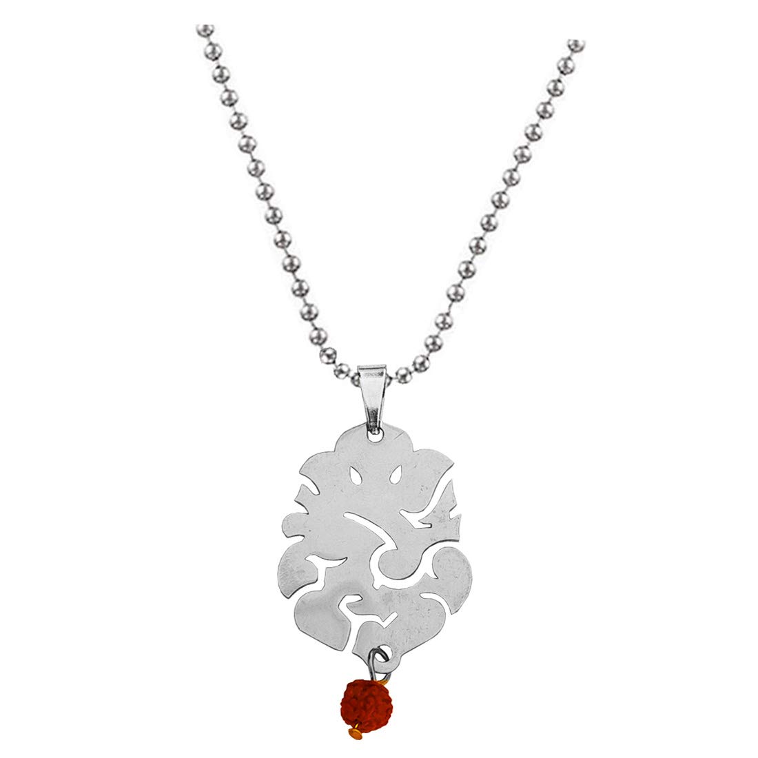 Religious Ekdant Ganesh Locket with Rudraksha Bead Silver and Brown Stainless Steel, Wood Necklace Pendant for Men and Women