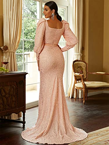 Lin Lin Q Women’s Elegant Sequin Long Sleeve Mermaid Prom Maxi Dress, Formal Rhinestone Evening Gowns With Belt Pink #TOP2