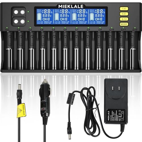 18650 Battery Charger, MIEKLALE 12+2 Bays Universal Battery Charger with Smart LCD Display for Rechargeable Batteries Li-ion LiFePO4 RCR123 16340 26650 10440 14500 & 9V,NiMH NiCd AAA AA (12+2 Slot)