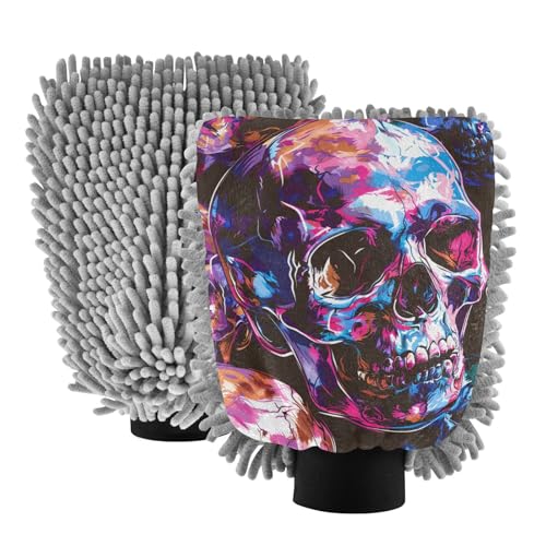 IOACIY Absorbent Microfiber Car Wash Drying Mitts, 2 Pack, Scratch-Free & Lint-Free, Rich Foam, Highly Absorbent, Double Sided, Wash Mitt Perfect for Car Washing, M, Skull (5)