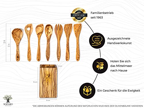 SOLTAKO Olivenholz Küchenutensilien 7er Set 'The Ramsay Set', Kochlöffel, Pfannenwender, Salatbesteck aus Oliven Holz