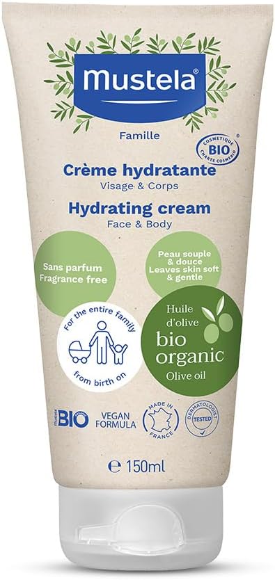Mustela Certified Organic Hydrating Cream - Natural Body Lotion w/Olive Oil, Aloe Vera & Sunflower Oil - For Baby, Kid & Adult - Fragrance Free, EWG Verified & Vegan 150ml