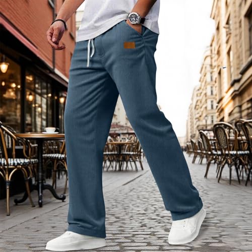Corduroy Pants Men Slim Fit Baggy Big and Tall Straight Leg Casual Sweatpants Relaxed Fit Elastic Waist Drawstring Trousers2