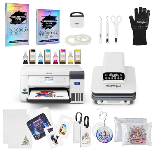makerflo Epson SureColor F170 Sublimation Printer Automatic Flat Press Bundle with 15x15 Auto Heat Press, CMYK Ink Set, Sublimation Paper, Flat Blanks Starter Kit – Complete Kit for Beginners