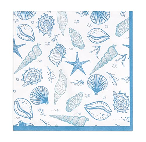 Blue Coastal Cocktail Napkins 100 Count Disposable 3 Ply Beach Shell Napkin