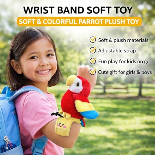 Image of Colorful Macaw Parrot Wrist Plush Toy | Soft Slap Band Bracelet for Kids | Cute Bird Soft Toy for Playing & Gifting - Red & Yellow