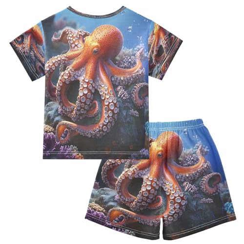 ALAZA 3d Octopus Ocean Sea Pajamas Set Short Sleeve Cotton Sleepwear Summer Pjs 2 Piece 5-14Y2