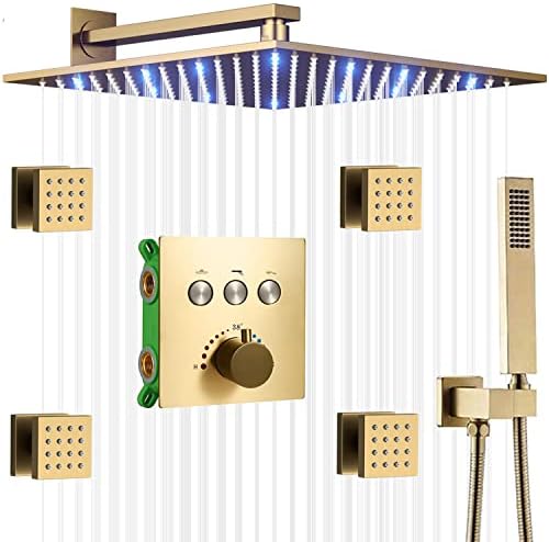 AYIVG Brushed Gold Shower System Thermostatic Full Body Spray Shower Set 12 Inch Wall Mounted LED Rainfall Shower System With 4 PCS Body Sprays Rain Shower Multi Jets System Can Run At a Time