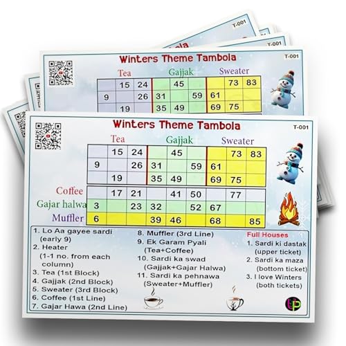Image of Winter Tambola Tickets Board Game - Winter 2S Theme | English | Fun & Engaging Bingo Housie Game for Kitty Parties, Friends & Family Gatherings (Set of 15 Tickets)