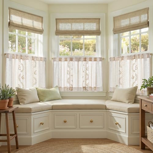 Image of jinchan Beige Floral Linen Kitchen Tier Curtains 24 Inch, 2 Panels