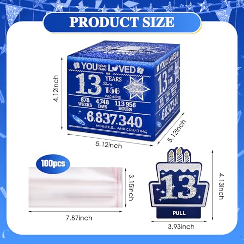 13 Happy Birthday Money Box for Cash Gift, 13th Birthday Decorations for Boys and Girls, Gifts for 13 Year Old Boy, Boy Gift Ideas, Cool Things for Teen -Blue with 100PCS Bags