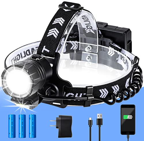 UUP Headlamp Flashlight LED Rechargeable Head Light with COB Light & USB Cable 90000 High Lumen for Adults 4 Modes Zoomable Head Lamp with Adjustable Band for Camping Hiking Running Battery Included