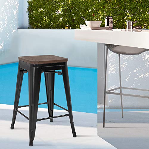 Image of FDW Metal Bar Stools Set of 4 Counter Height Bar Stools 24 Inches Industrial Bar Chairs Patio Stool Stackable Backless Stool Indoor Outdoor Metal Kitchen Stools Bar Chairs (Black with Wood, 24 inch)