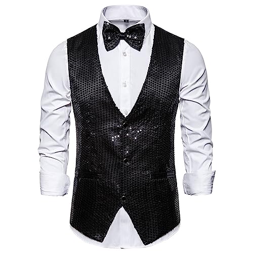 YILEEGOO Gilet da uomo con paillettes brillanti con scollo a V, vestibilità regolare, vestito da festa, gilet, papillon, set da 2 pezzi, Nero , XXL