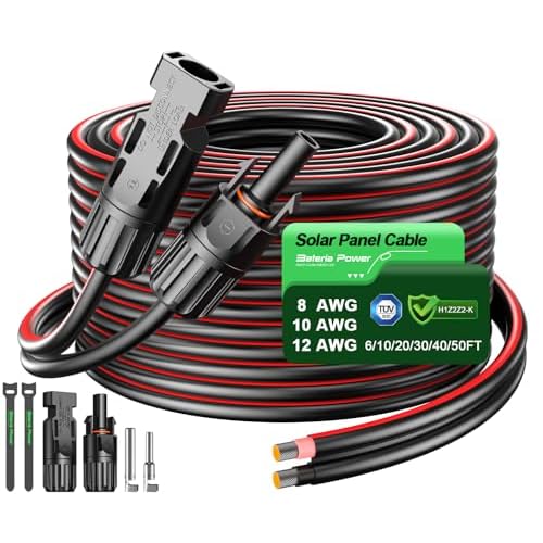Bateria Power 30Ft 10AWG Solar Panel Extension Cable, 6mm² Twin Wire Conductor Parallel Solar Wire Adapter Kit with Waterproof Female & Male Solar Connectors for RV, Marine, Photovoltaic Sys