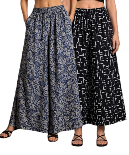 Image of Women Printed Palazzo Pants Combo Pack of 2, Comfortable Elastic Waist Lounge Pants for Women | Relaxed Fit, Loose Fitting Wide Leg Palazzo Pants, Casual Bottom (Available in S to 3XL Size)