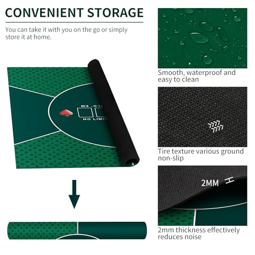 LaiEr 60/80/100/120/140/160cm Square Poker Mat Texas Hold'em Poker Rubber Mat Poker Topper for Tables Folding Portable Poker Table Top Layoutw for Poker Games Blackjack Casino(100*100cm Green) - Image 3