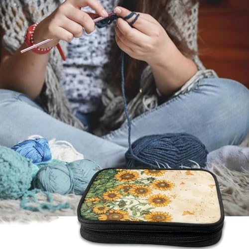 Image of Sunflower Crochet Hook Case Portable Knitting Needle Storage with Web Pockets Crochet Storage Organizer for Swing Hooks, Lighted Hooks, Needles and Accessories