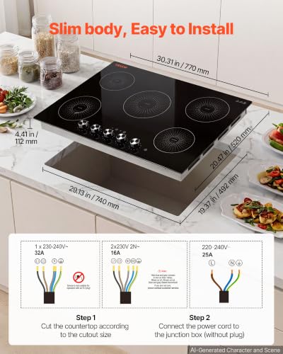 Image of VEVOR Induction Cooktop 30inch 5 Burners Built-in Electric Stove 220V 9200W, Induction Burner for Kitchen, with 11 Power Levels, Knob Control, Ceramic Glass Surface, Child Lock