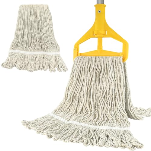 Commercial Mop with Extra Replacement Mop Head, String Mops for Floor Cleaning Heavy Duty Industrial Mop with Long Handle, Looped-End String Cotton Wet Mop for All Home/Garage/Office/Warehouse