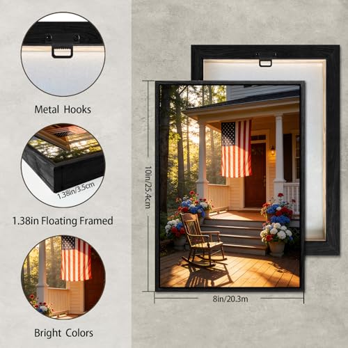 Image of American Flag Framed Canvas Wall Art, 4th of July Floral Canvas Prints, Summer Cottage Landscape Patriotic Decorations, Vintage Independence Day Wall Decor for Bedroom Living Room Office 8x10