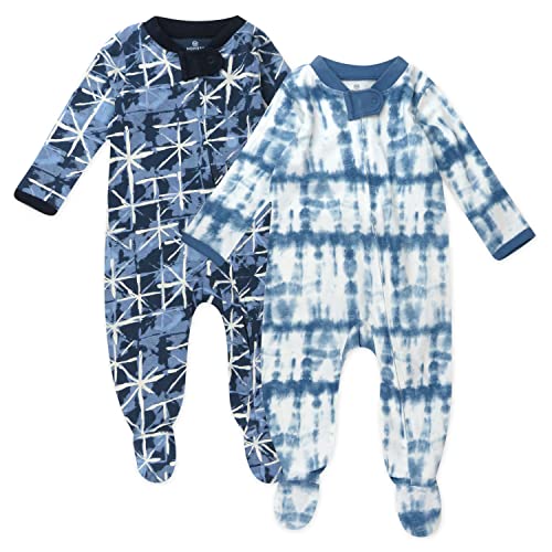 Image of HonestBaby Footed Sleep & Play Pajamas Organic Cotton for Infant Baby Boys (Last Chance), Tie Dye Light Blue, 0-3 Months