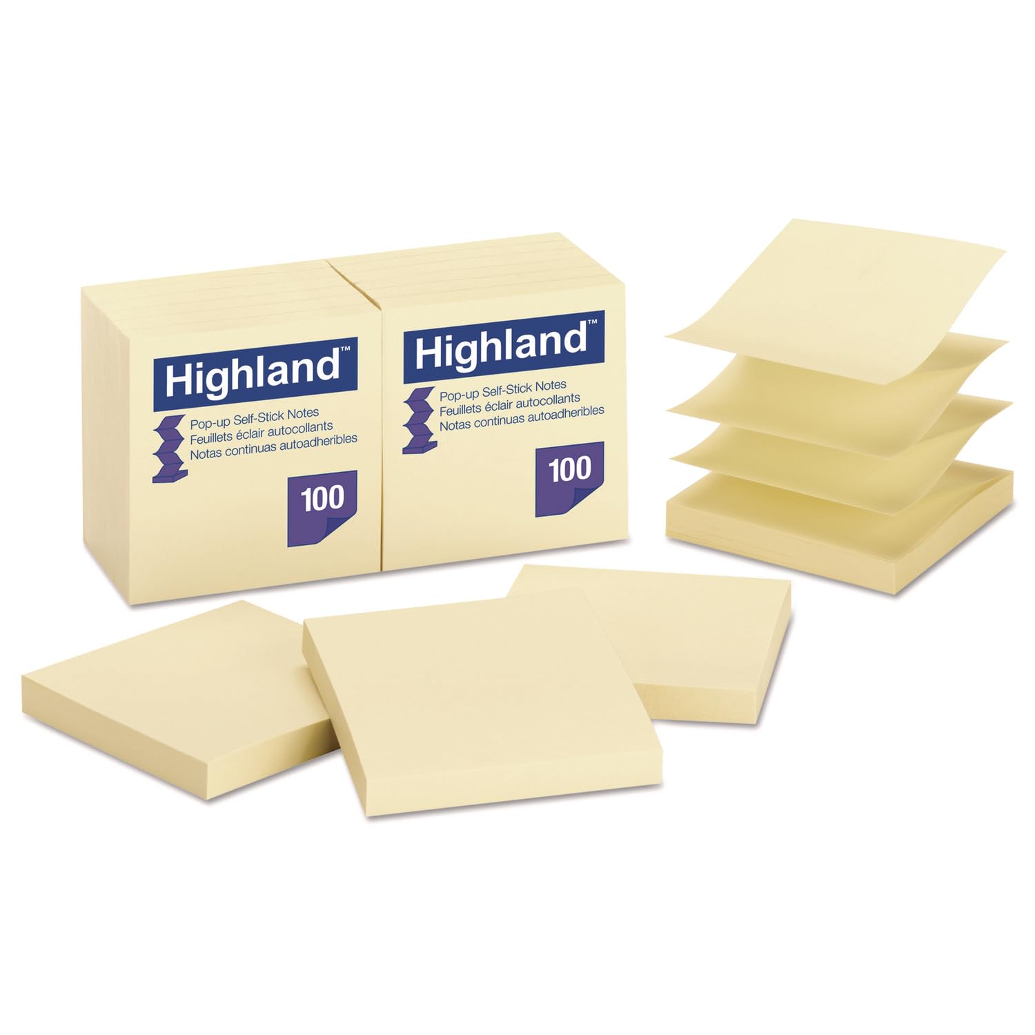 Highland 6549PUY Self-Stick Pop-Up Notes, 3 x 3, Yellow, 100-Sheet, 12/PK