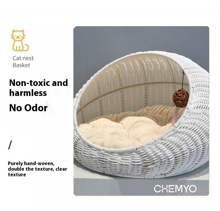 Cuccia per Gatti in Vimini, Cuccia per Gattini in Vimini, Cuccia in Rattan per Uso Interno ed Esterno, Cuccia Accogliente con Cuscino Morbido Lavabile 50x40x35 cm Bianco