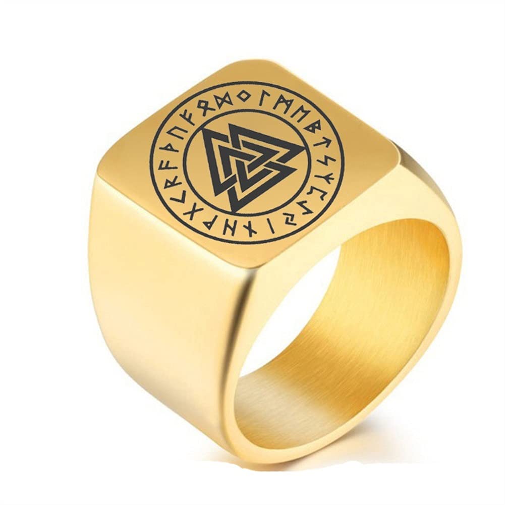 MYSPTM Men's Women's Vintage Viking Rings Nordic Amulet Rings Pioneer Stainless Steel Ring, Noble Wakenut Square Motorcycle Style Polished Ring/Gold/11