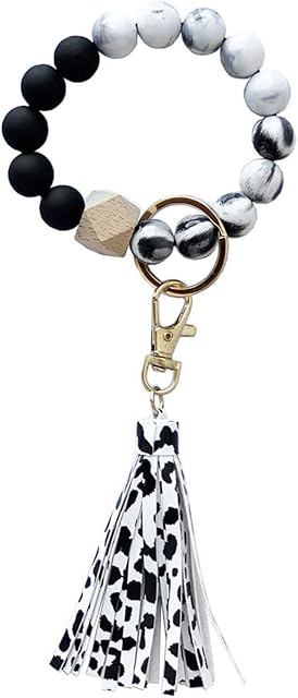 Silicone Key Ring With Leather Tassel Bracelet Wristlet Keychain Silicone Elastic Beaded Bangle Key Rings for Women Girls