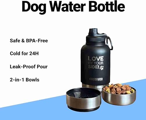 Miniatura 2 de Botella de agua portátil para perros con dispensador de cuencos y dispensador de alimentos, acero inoxidable, cuencos desmontables para mascotas,