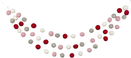 Guirnalda de pompones de lana roja, rosa, gris y blanca, de 8 pies, 52 bolas de fieltro, tamaño de 1 pulgada (1.0in)  Decoración vintage de San