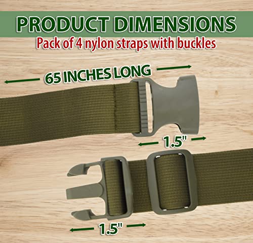 Image of Mandala Crafts 4 PCs Olive Green Adjustable Bag Buckle Straps Belt with 1.5 Inch Quick Side Release Clips 65 Inch Nylon Webbing - Utility, Packing, Suitcases, Sleeping Bags, Backpacks, Luggage Strapss