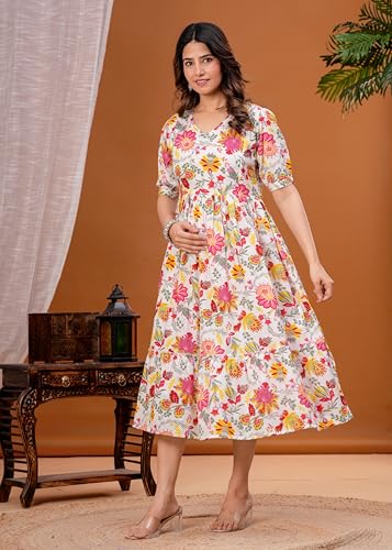 Image of Women's Feeding Kurta Cotton | Floral Anarkali Pregnancy Kurta with Nursing Zipper | Pre & Post Partum | Maternity Dresses | Mom to Be Gift