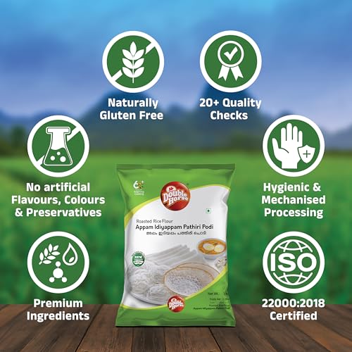 Image of Double Horse Traditional Appam /Idiyappam /Pathiri Rice Flour, 1kg| Roasted Rice Flour| Sortex Rice|Aripodi| Pathil Powder