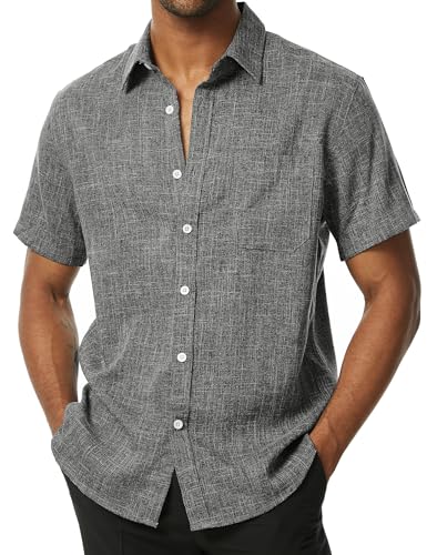 Mens Wrinkle Free Short Sleeve Button Down Shirts Texture Linen Shirts Casual Vacation Beach Summer Tops