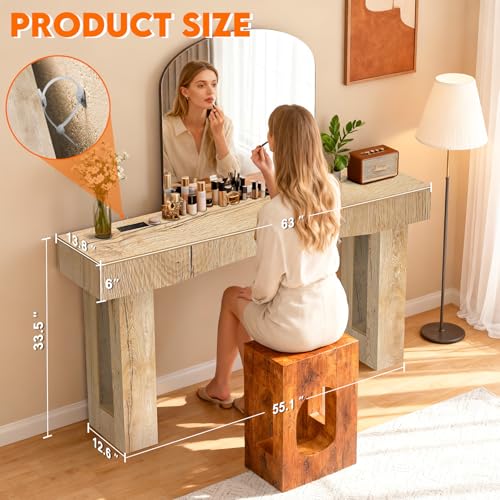 Image of 63 Inch Long Entryway Table Hollow, Wooden Console Table with Socket Farmhouse Sofa Table for Entrance, Hallway, Living Room,Behind Couch(Natural Brown)