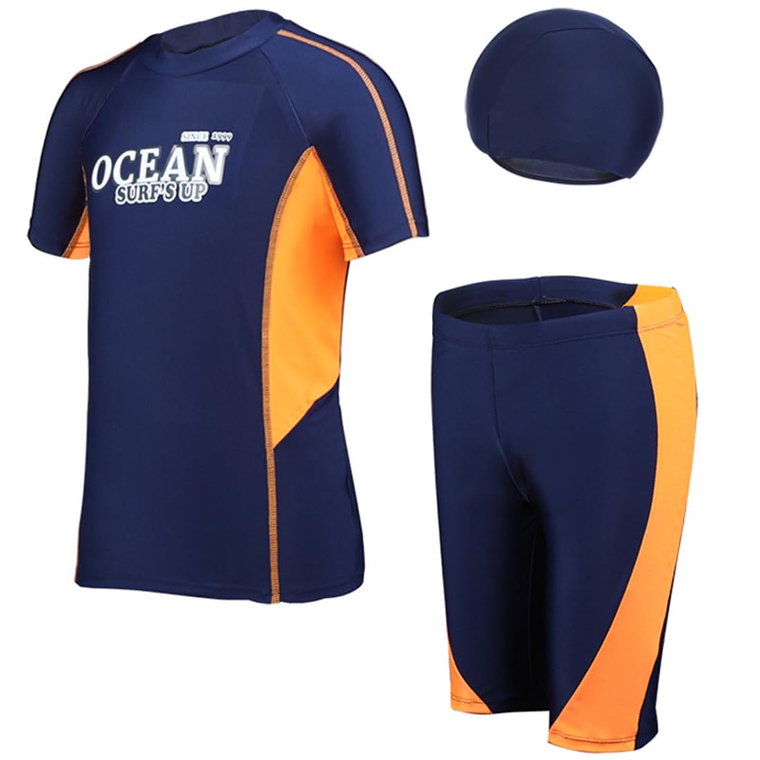 3 Pcs Big Boy Rash Guard Set Short Sleeve Quick Dry Swim Shirt+UPF 50 Trunks Swimsuit Sun Protection Cap Bathing Suits Navy