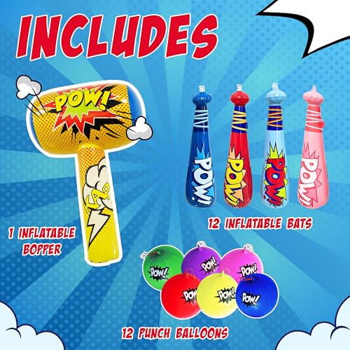 4E's Novelty 25 Piece Set - 12 Oversized 20'' Pow Inflatable Baseball Bats, 12 Punch Balloon, 1 Huge 30