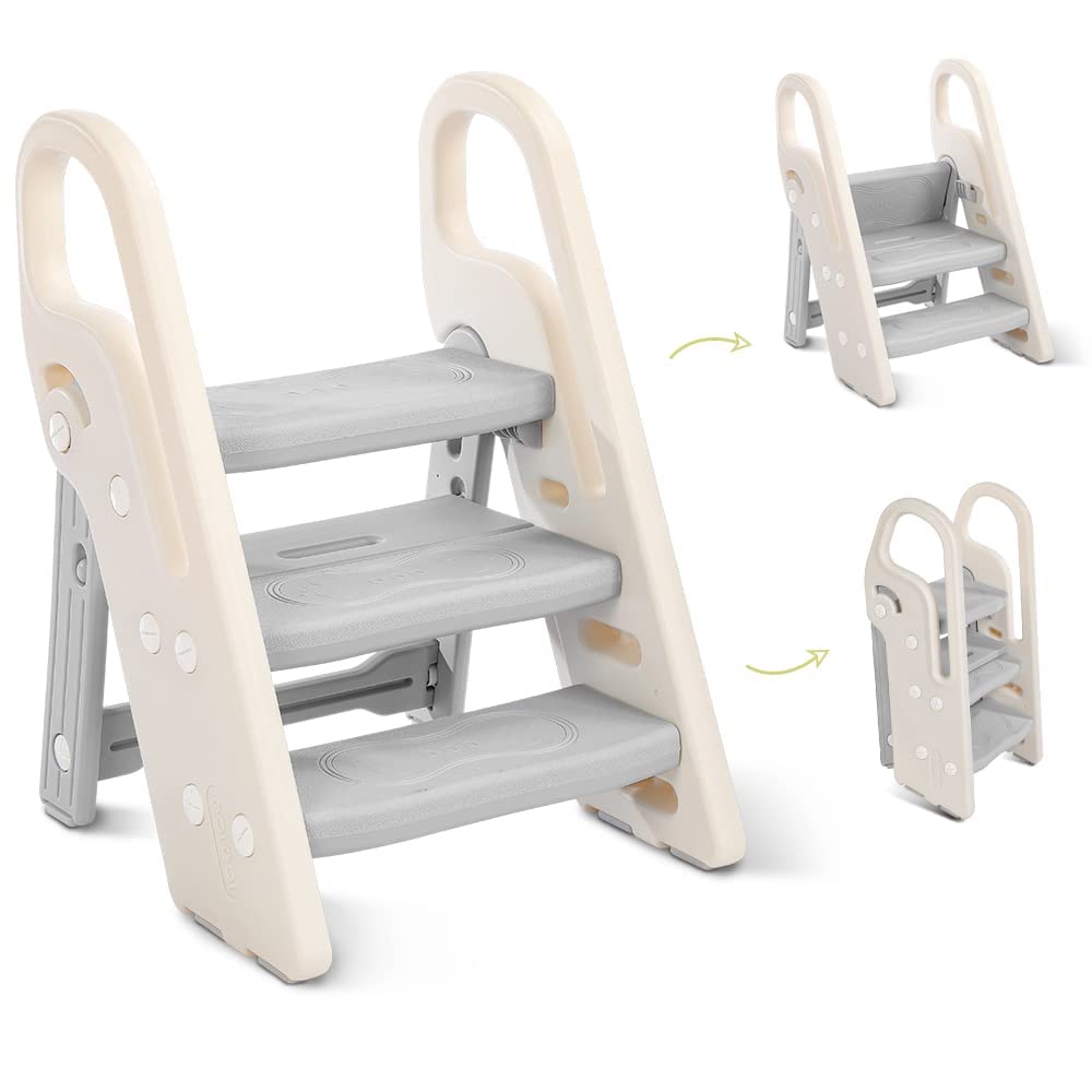 Onasti Taburete Plegable de Escalon Infantil, Taburete Niños 3 peldaños, Asiento de Entrenamiento para Inodoro, multifunción, Ajustable en Altura, Antideslizante (Gris)