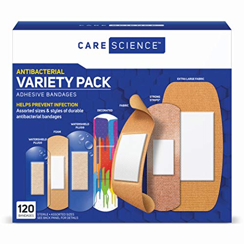 Care Science Adhesive Bandages Variety Pack, 120 CT - Including Fabric, Durable, Assorted Sizes, Clear, Decorative, & Waterproof Bandages. Helps Prevent Infections
