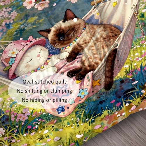 Image of Cartoon Cat Comforter Set Full Size Cute Kitten Floral Bedding Sets for Girls Boys Kids Adults Bedroom Decor Spring Cherry Blossom Hammock Quilt 1 Comforter 2 Pillowcases