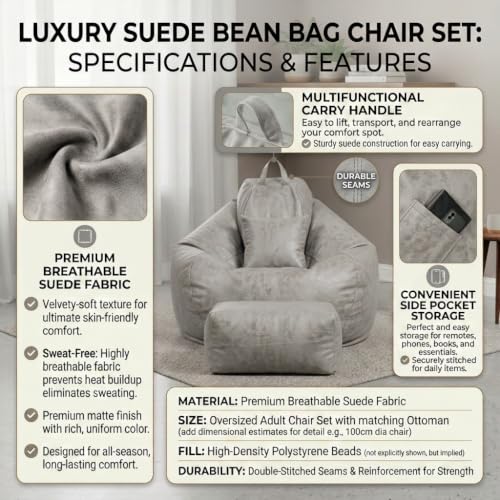 Image of KAM'S LIEU 5XL Premium Imported Suede Bean Bag Chair with Footrest & Cushion | Filled with High Density Polystyrene Beans | Premium Soft Fabric | Ready to Use Color- (Grey, 5XL)