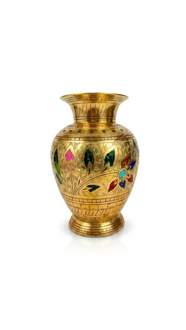 Handcrafted Pure Brass Vase, Urn Shape, Meenakari Floral Motifs, Hand-Painted Enamel, Indian Artisan Crafted, Gold-image-25