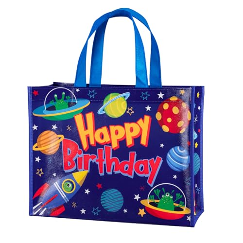 WRAPAHOLIC Large Reusable Space Birthday Gift Bag with Handles - 10 x 5 x 13 inch - Happy Bday and Universe Gift Bags for Kids Boys Girls Birthday Space Lovers and Shopping