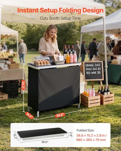 Image of VEVOR Folding Portable Bar Table, 38.6 x 15.2 x 34.3 in, with Carry Bag, Storage Shelf, and Detachable Skirt, Quick and Easy Setup, Foldable Mobile Bartending Station for Events, Party, Tradeshow