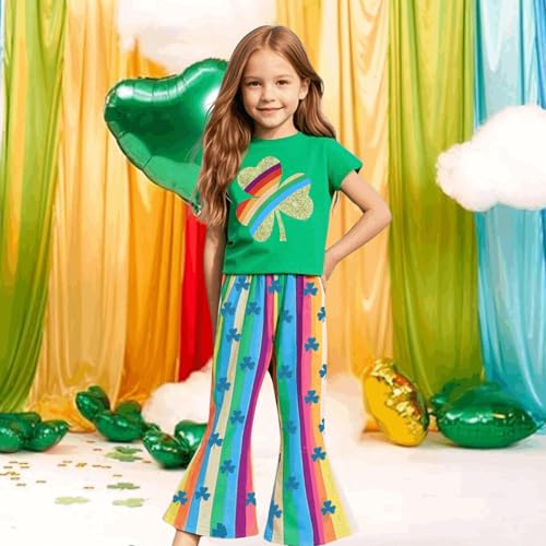 Image of Girls St Patricks Day Outfit Toddler Girls Shamrocks Rainbow Print T-shirt and Flared Pants Clothes Set